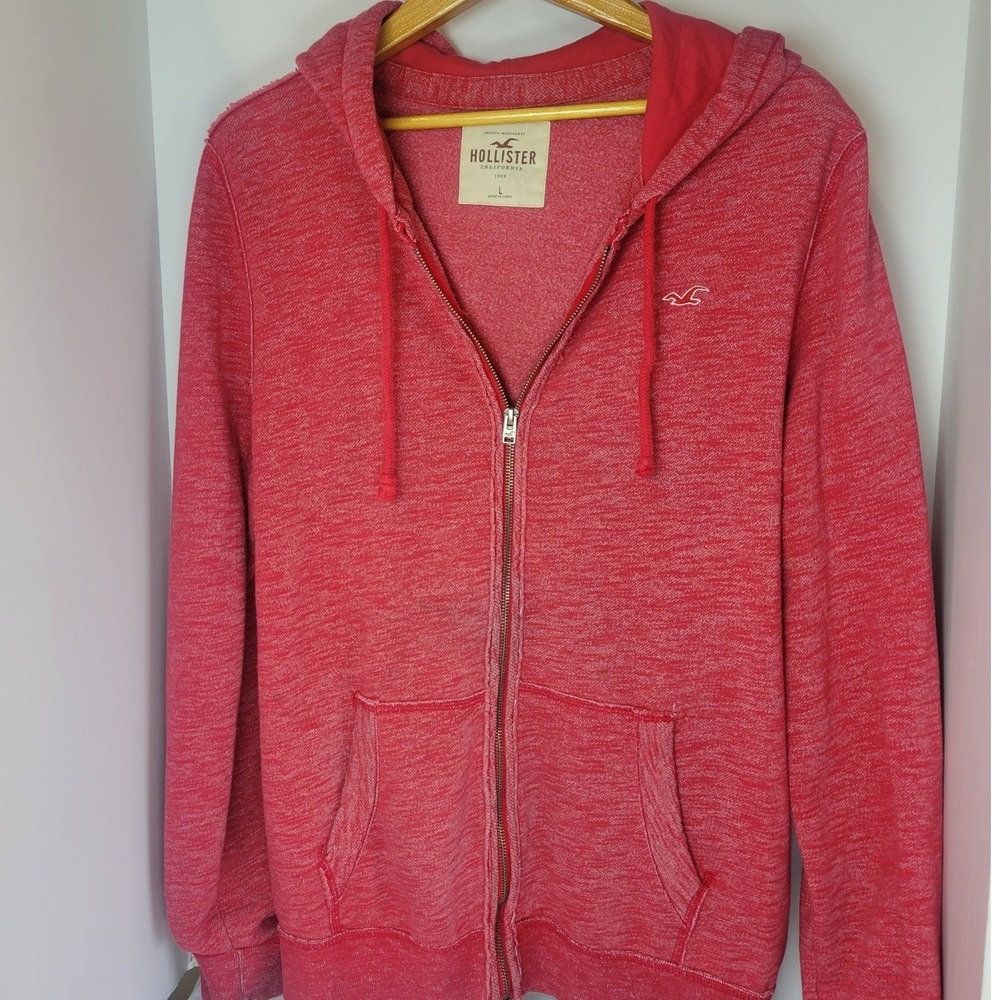 Hollister Mens Full Zip Hoodie Red Marl Heathered Seagull Logo Large L